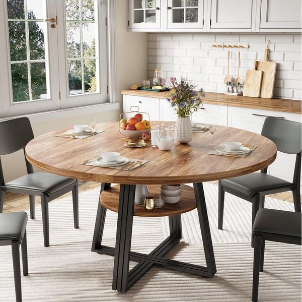 GarveeMore Esstisch Runder für 4-6 Personen,120 cm,Landhausküchentisch mit Stauraum, Küchentische für Esszimmer,Küche,Wohnzimmer,Wohnung
