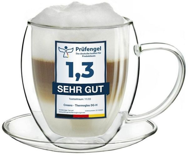 Creano Teeglas Thermo Tasse mit Untersetzer “bauchig” 400ml, einzel, Borosilikatglas, 1 Tasse mit Untertasse