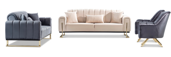 Sitzgruppe/Sofa Set - Wohnzimmergarnitur "Elara" 3+3+1-Beige/Grau