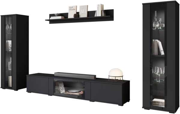 Wohnwand Clarkoy I (Farbe: Schwarz, mit weißer LED Beleuchtung)