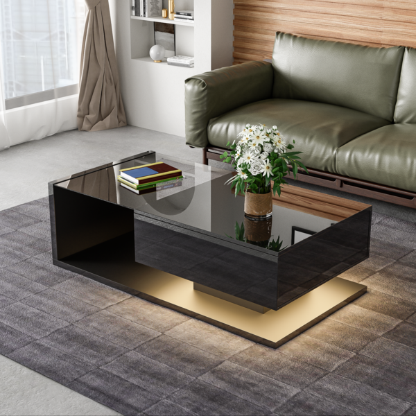 Couchtisch 105 x 55 x 32,5 cm in Schwarz Hochglanz mit Glasplatte, LED-Licht und Ablagefach