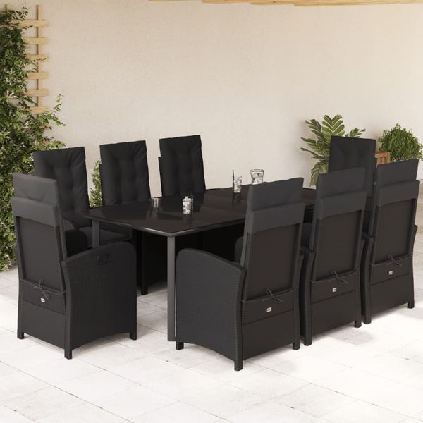 vidaXL 9-tlg. Garten-Essgruppe mit Kissen Schwarz Poly Rattan 3212328