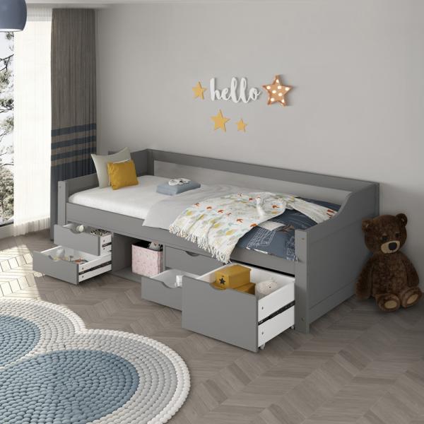 HOME DELUXE Kinderbett COSMOS mit Schubladen und Matratze - 90 x 200 cm Grau