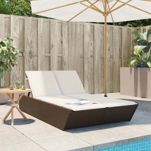 Doppel-Sonnenliege, Gartenliege mit Auflagen Braun Poly Rattan