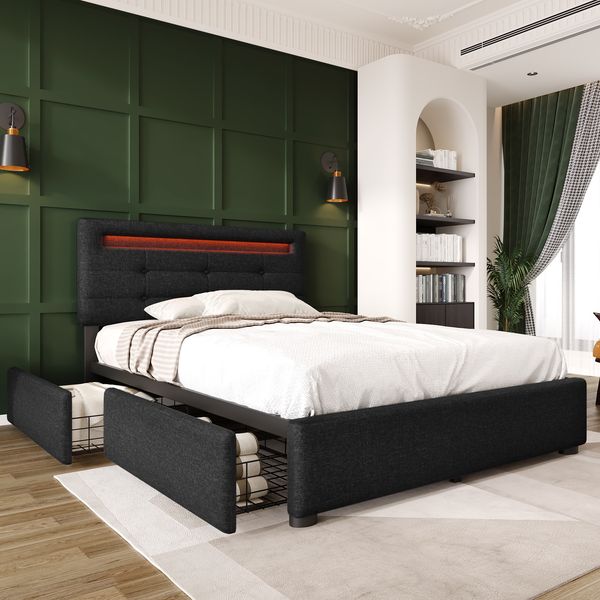 Polsterbett 90×200 cm mit LED-Kopfteil, 2 Schubladen & verstellbarem Kopfteil, Schwarz