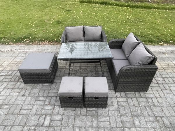 Fimous Gartenmöbel-Sets 6 Stücke Rattan Gartenmöbel im Freien Sofa Set mit 2 hohen Hockern Dunkelgrau Gemischt