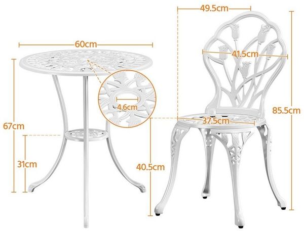 Yaheetech Balkonset mit 2 Stühlen und Ø 60 cm Tisch, Aluminiumguss, Weiß