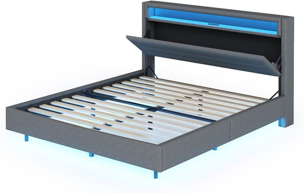 Polsterbett 140x200 cm mit USB & farbiger LED-Beleuchtung, wendbares Kopfteil – Leinenstoff grau Bild 9