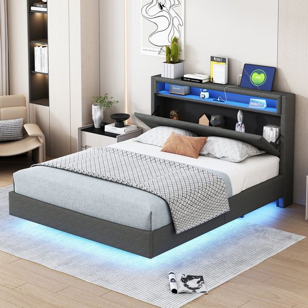 Polsterbett 140x200 cm mit USB & farbiger LED-Beleuchtung, wendbares Kopfteil – Leinenstoff grau