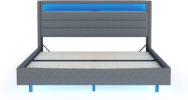 Polsterbett 140x200 cm mit USB & farbiger LED-Beleuchtung, wendbares Kopfteil – Leinenstoff grau Bild 8