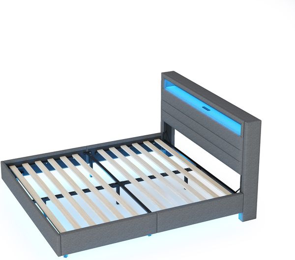 Polsterbett 140x200 cm mit USB & farbiger LED-Beleuchtung, wendbares Kopfteil – Leinenstoff grau Bild 7