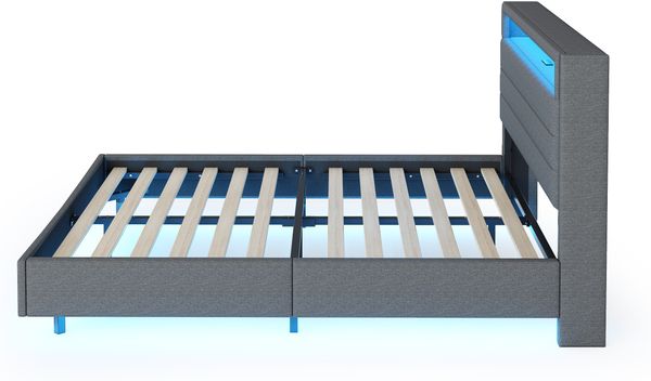 Polsterbett 140x200 cm mit USB & farbiger LED-Beleuchtung, wendbares Kopfteil – Leinenstoff grau Bild 10
