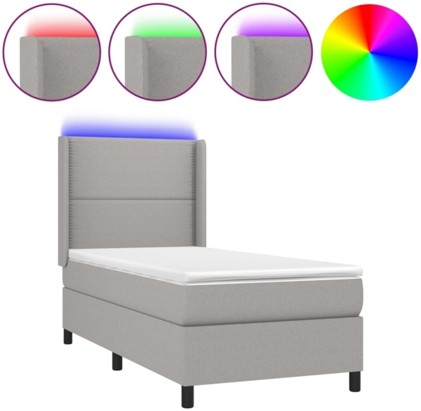 vidaXL Boxspringbett mit Matratze & LED Stoff Hellgrau 90x200 cm, Härtegrad: H2 [3138205]