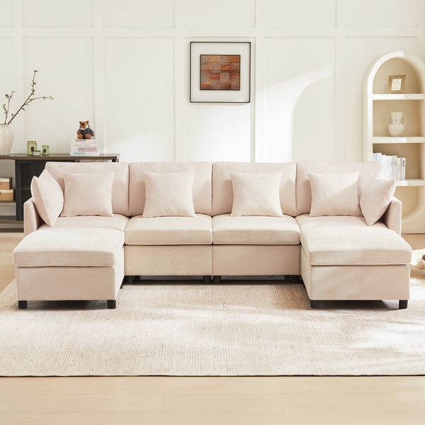 Modulares Sofa mit 2 Hockern, flexibler L- oder U-Form Aufbau, großes 6-Sitzer Chenille-Sofa mit 6 Kissen,Beige