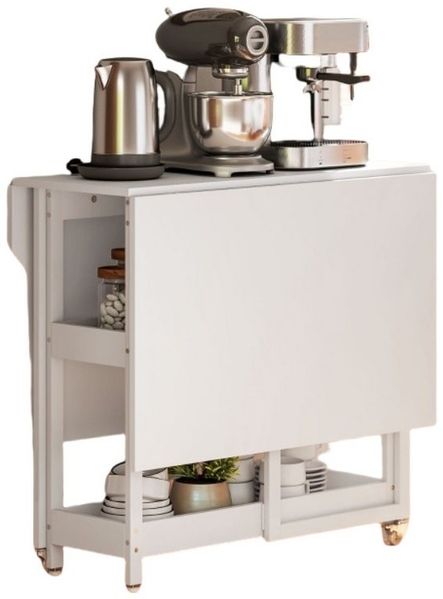 BBWL Klapptisch Klappbarer Esstisch Weiß 133×80 cm mit 2 Ablagen und Rollen (Platzsparender Küchentisch für 2–4 Personen aus Spanplatte für kleine Räume)
