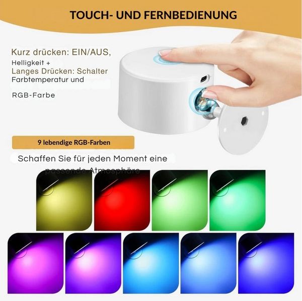 Vivitar LED Wandleuchte mit Akku, 360° drehbar, magnetische Befestigung, RGB & Weißlicht, LED fest integriert, dimmbar, Touch & Fernbedienung, 3 Farbtemperaturen, 9 Farben