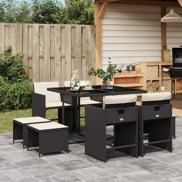 vidaXL 9-tlg. Garten-Essgruppe mit Kissen Schwarz Poly Rattan 3211134