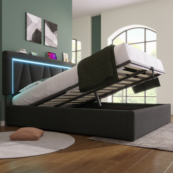 Polsterbett 90x200 cm aus Leinen mit USB- und Type-C-Anschlüssen – gepolstertes Panel-Kopfteil, komfortables Einzelbett Bild 4