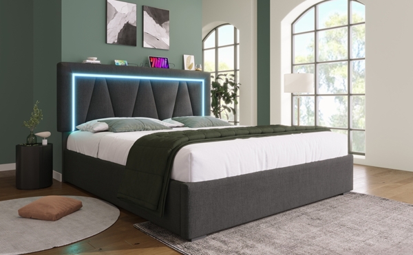 Polsterbett 90x200 cm aus Leinen mit USB- und Type-C-Anschlüssen – gepolstertes Panel-Kopfteil, komfortables Einzelbett Bild 2