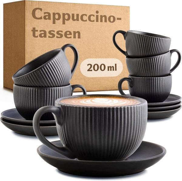 Cosumy Cappuccinotasse Cappuccinotassen mit Untertassen - 6er Set - 200ml, 12-tlg, Keramik, Mit Untertassen - Hält Lange warm - Spülmaschinenfest - 200ml
