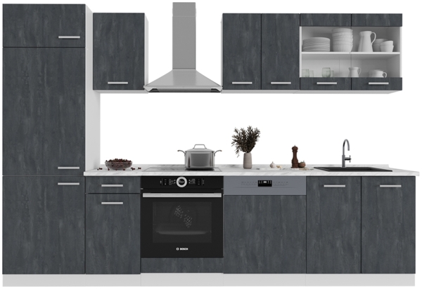 Küchenzeile R-Line Schwarz Beton/Weiß 300 cm ohne Arbeitsplatte Vicco