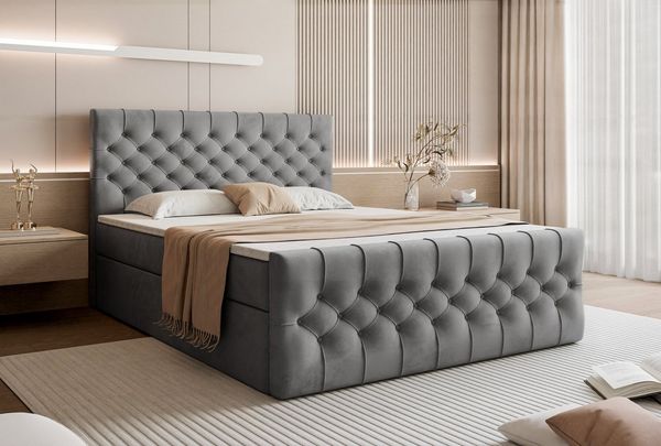 Goldstoff Boxspringbett TAURIEL mit Federkernmatratze & Topper, zwei Bettkästen (von 120 bis 200x200 cm), modernes Doppelbett aus Velvet Stoff mit edlem Kopfteil