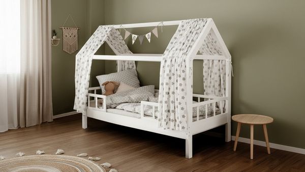 Puckdaddy GmbH Hausbett Hausbett Carlotta mit abnehmbarem Rausfallschutz 200x90 cm aus Holz