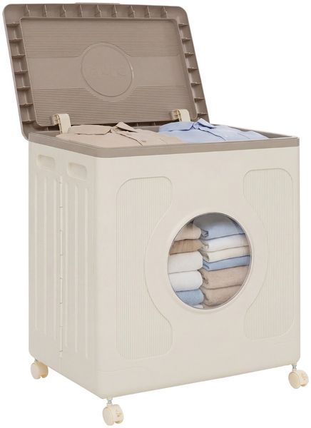 Aufbewahrungsbox für Kleidung mit Deckel und Rollen 45 L rollbarer Wäschekorb Grau