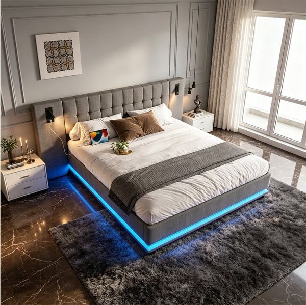 REDOM Polsterbett mit LED-Leiste & USB, Kopfteil mit Spotlicht (Leinen-Doppelbett, 180x200 cm), Inklusive Matratze