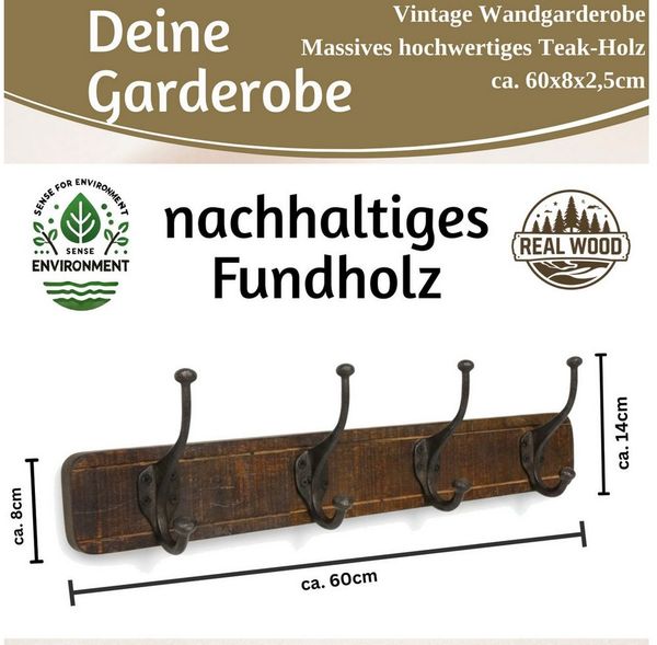 LS-LebenStil Wandgarderobe Vintage Teak Holz 60cm 4/8 Haken Jackenhalter Braun Garderobe (Serie Delhi, indisches Fundholz, 1 St, Nachhaltige Teak Holz Hakenleiste 4 Haken Garderobenhaken Kleiderhaken)