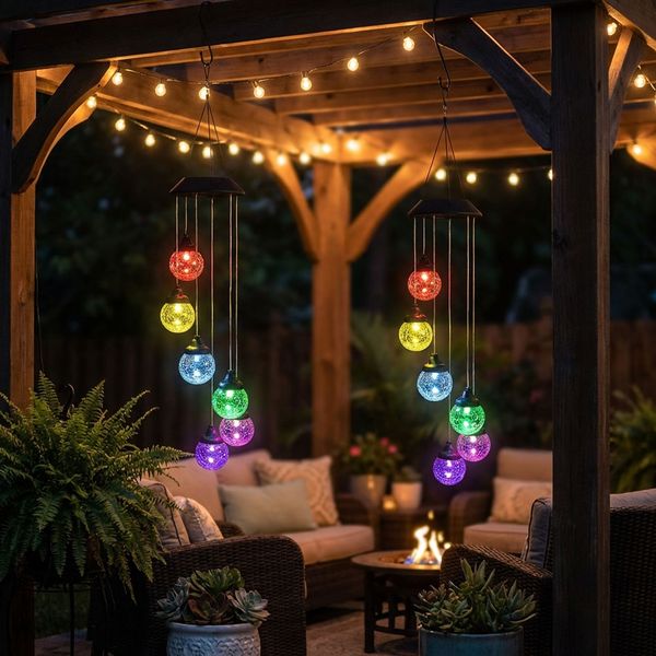 2x RGB LED Solarwindspiel, Farbwechsel Glaskugeln, H 60 cm