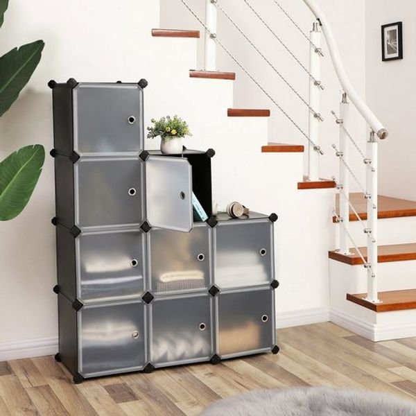SONGMICS Regalsystem, Schuhregal, Set aus 9 Würfeln, Kleiderschrank aus Kunststoff, mit Türen, Steckregal, Aufbewahrung von Kleidung, Schuhen und Büchern, einfache Montage, schwarz LPC116HS