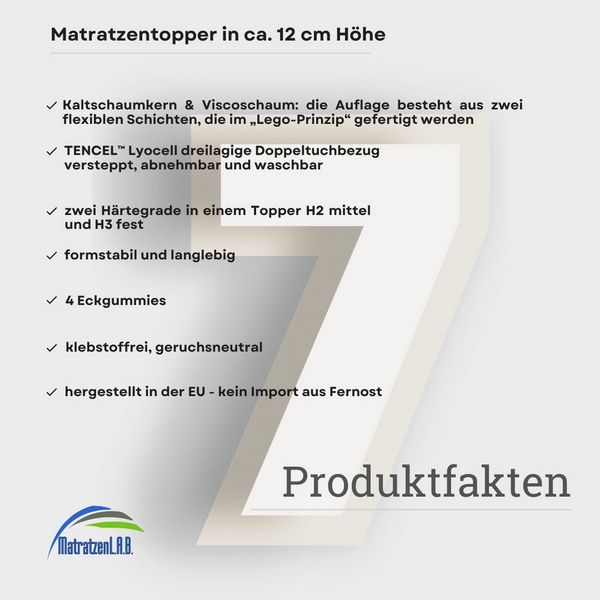 MatratzenL.A.B®, Topper TENCEL™ Lyocell Premium Bezug H2 mittel & H3 fest, 12 cm hoch, Viscoschaum und Kaltschaum, Matratzentopper ideal für Ihre Boxspringbett. klebstofffrei