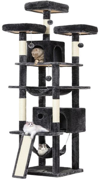 MSMASK Kratzbaum groß Katzenbaum, mit 3 Plattformen, 2 Höhlen, 194 cm hoch, XXL, 2 Hängematte, Katzenkratzbaum mit Kratzbrett