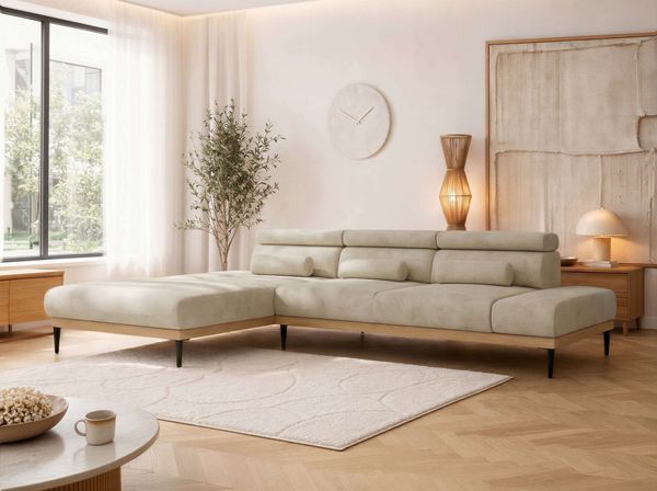 Ecksofa PAVERO L mit Relaxfunktion, elektrisch verstellbare Sitztiefe, Eckcouch L-Form, Wellenfederung, freistehend Ecksofa - Beige Velvet - Links Seite