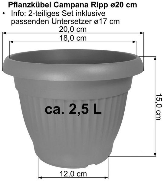 Heimwerkercenter Blumentopf MePla Blumentopf Campana ø20cm, Untersetzer ø17cm Anthrazit, Kunstoff