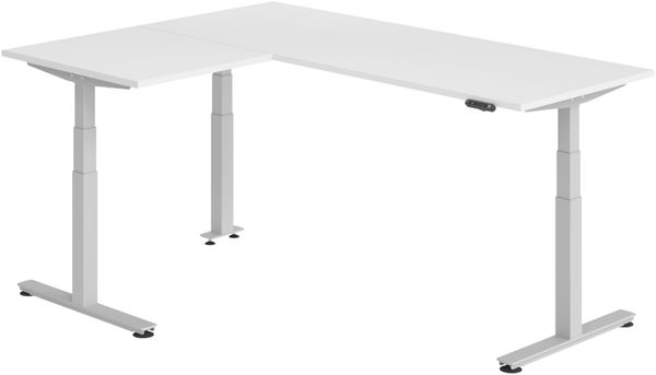 bümö Eckschreibtisch elektrisch höhenverstellbar L-Form: 200x160 cm in weiß, Gestell silber - Stehschreibtisch mit Memory-Steuerung, elektrischer XXL Schreibtisch für die Ecke, XDSMW-2008-W-S