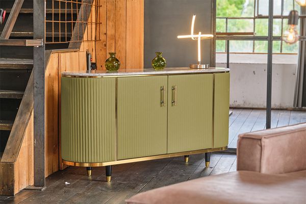 KAWOLA Sideboard MARIA Marmorplatte Kunstleder olivgrün 76 x 40 x 150 cm