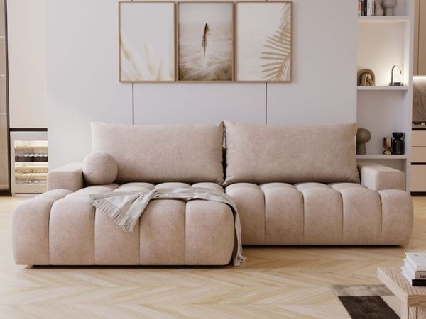 GRAINGOLD Ecksofa Havi, Sofa L-Form mit Bettkasten, gesteppte Sitzfläche, Schlaffunktion, Velour-Stoff, Beige, Links
