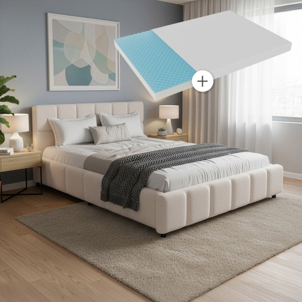 Juskys Polsterbett Florenz 140x200 cm mit Matratze – Bouclé, modernes Bett mit Kopf- & Fußteil, stabilem Holz- & Metallrahmen, Lattenrost, 500 kg Tragkraft – Creme