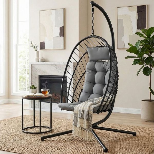 TLGREEN Hängesessel mit Gestell, Klappbarer Eiersessel, 360° Drehbar (Indoor & Outdoor Schaukelstuhl, Ergonomischer Relaxsessel mit Kissen), für Garten Balkon Wohnzimmer, Belastbar bis 160kg