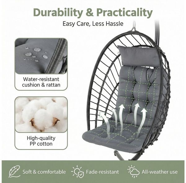 TLGREEN Hängesessel mit Gestell, Klappbarer Eiersessel, 360° Drehbar (Indoor & Outdoor Schaukelstuhl, Ergonomischer Relaxsessel mit Kissen), für Garten Balkon Wohnzimmer, Belastbar bis 160kg Bild 4