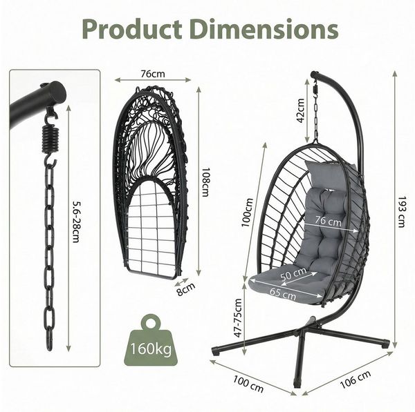 TLGREEN Hängesessel mit Gestell, Klappbarer Eiersessel, 360° Drehbar (Indoor & Outdoor Schaukelstuhl, Ergonomischer Relaxsessel mit Kissen), für Garten Balkon Wohnzimmer, Belastbar bis 160kg Bild 2