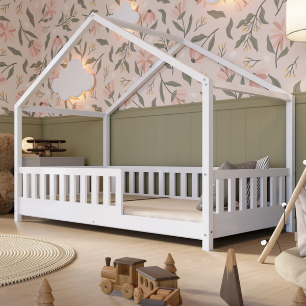 Crazy Pine 'Crazy House' Hausbett mit abnehmbaren Rausfallschutz, Naturholz, Weiß, 90x190 cm, mit Höhenverstellbaren Beinen