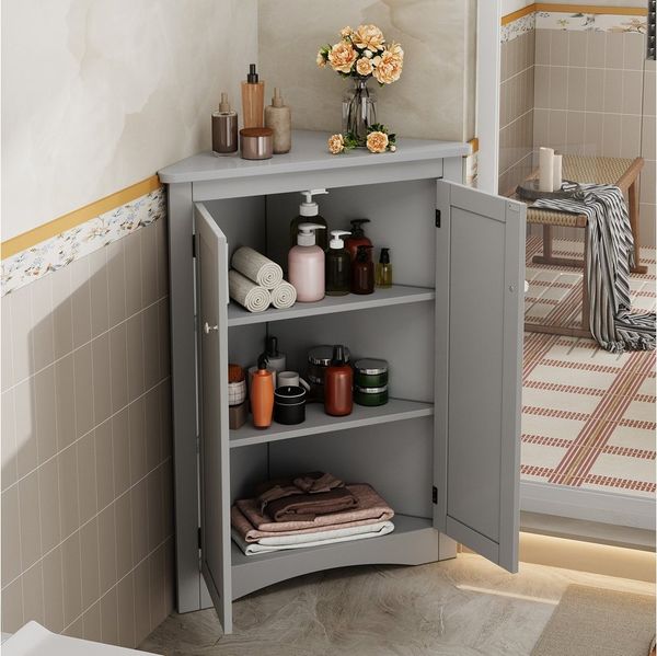 Flieks Eckschrank (1-St, B61,5xT34,5xH80 cm) Badkommode Mehrzweckschrank Eckkommode mit 3 Fächern Grau