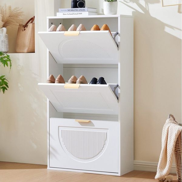 Flieks Schuhschrank (B60/T24/H114 cm, 1-St, ca 12 Paar Schuhe) Schuhregal mit 3 Klappen Schuhkipper Schuhkommode Weiß, Breite 60 cm
