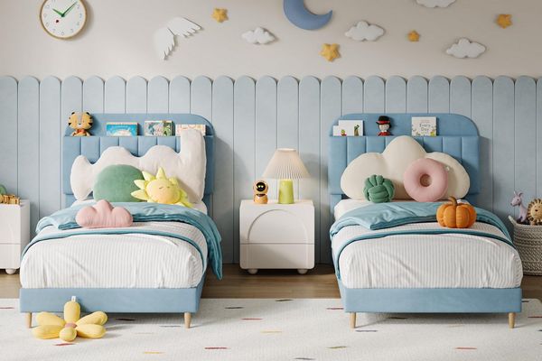 GarveeMore Kinderbett Polsterbett mit Stauraum-Kopfteil (2-tlg), Lattenrost mit Metall- & Holzleisten, Rosa/Blau/Beige, 90×190 cm