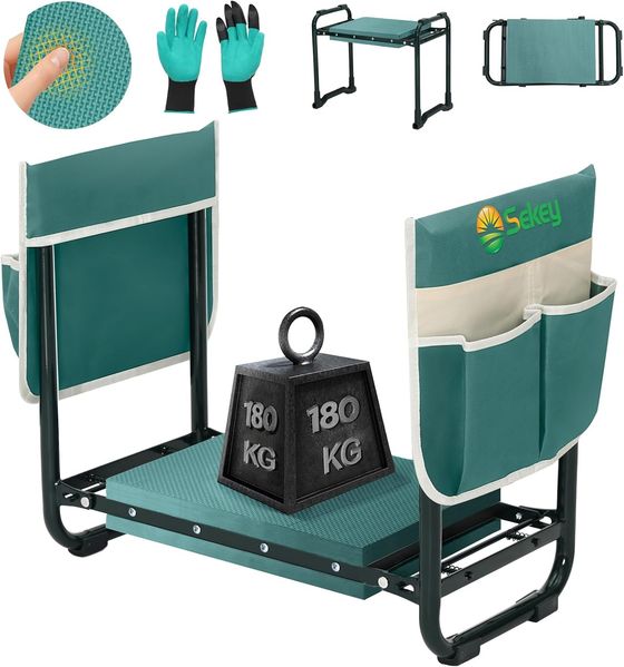 Sekey Höhenverstellbare Kniebank für Gartenarbeit Belastbarkeit 180KG, Gartenhocker Klappbar mit Werkzeugtaschen, Knie Komfort Garten, Grün