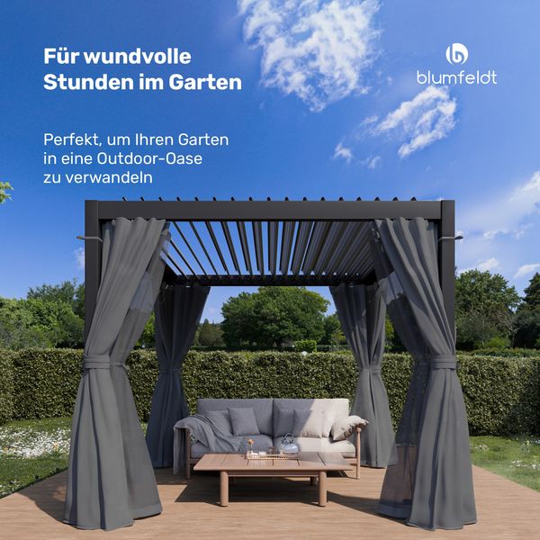 Blumfeldt Pergola 3x3 m - Lamellendach Verstellbar, Inkl. Vorhänge & Moskitonetze, UV-Schutz, Aluminium-Rahmen, Rostfrei, Ganzjährig Nutzbar, Schwarz