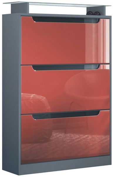 Vladon Schuhschrank Space (Schuhkipper, für 24 Paar Schuhe mit 3 Klappen und Glasablage) Anthrazit matt/Bordeaux Hochglanz (89 x 128 x 23 cm)
